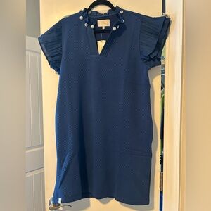 Simply Southern Navy Blue Textured Midi Dress with Pleated Sleeves